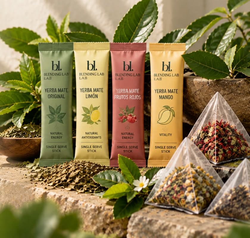 Blending Lab single-serve yerba mate sticks and pyramid tea bags arranged with fresh yerba mate leaves on a stone surface in natural light.